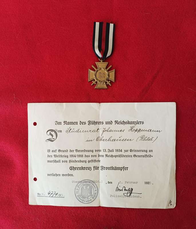 WW1 - HINDENBURG HONOUR CROSS (FULL SIZE) + ORIGINAL CERTIFICATE
