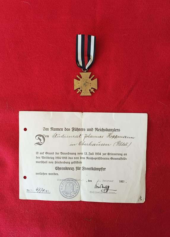 WW1 - HINDENBURG HONOUR CROSS (FULL SIZE) + ORIGINAL CERTIFICATE