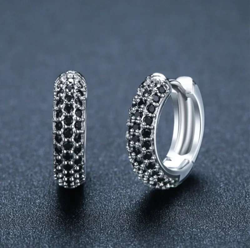 925 Silver Black Spinel Hoop Earrings
