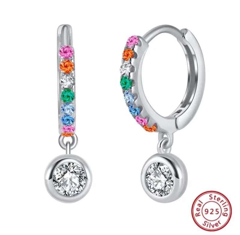925 Silver Colourful Hoop with Hanging CZ Earrings