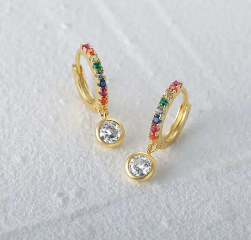 925 Silver Colourful Hoop with Hanging CZ Earrings