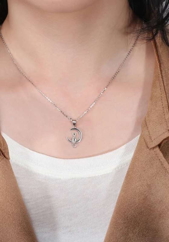 925 Silver Cat and Moon Necklace