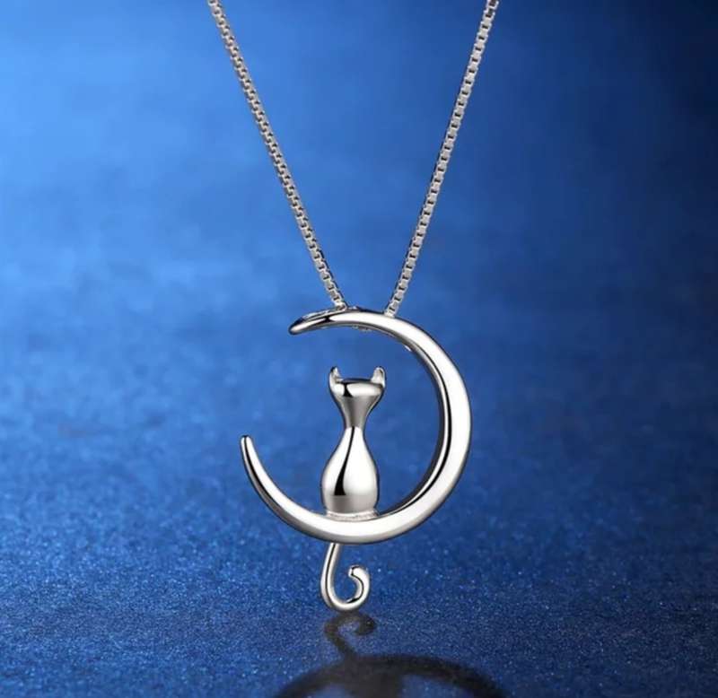 925 Silver Cat and Moon Necklace