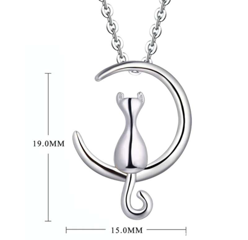 925 Silver Cat and Moon Necklace