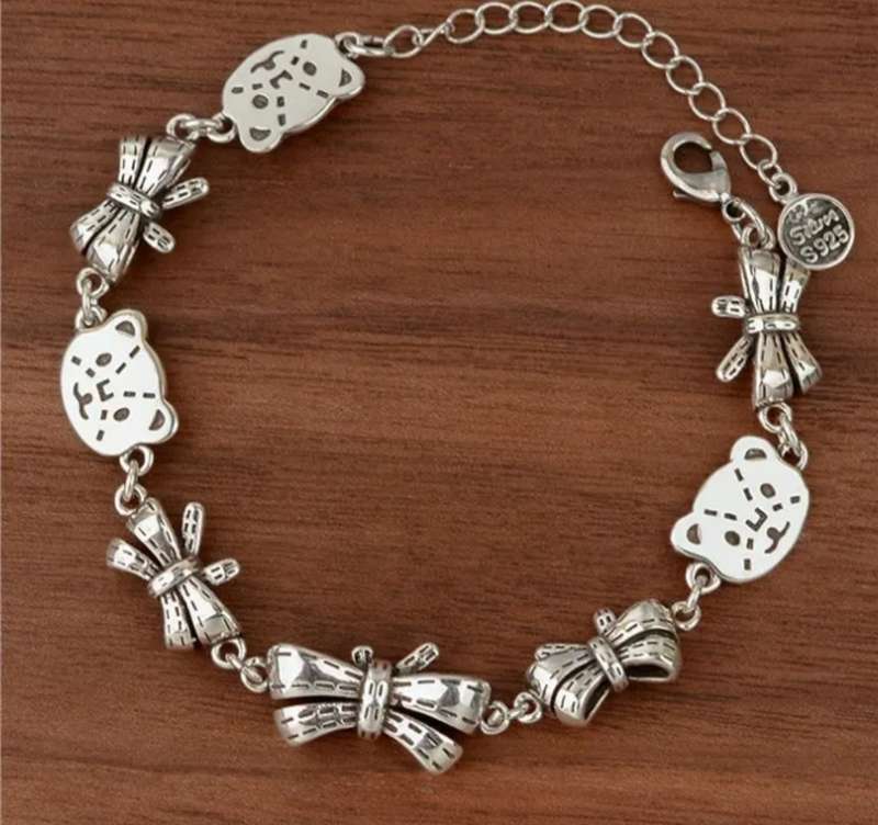 925 Silver Bear Head and Bow Bracelet