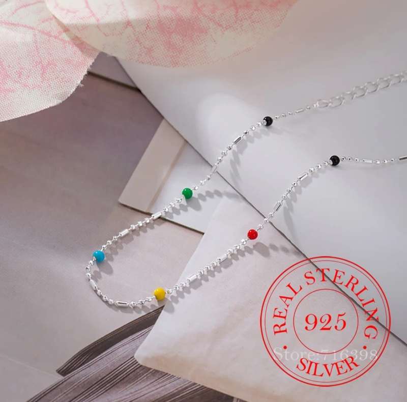 925 Silver Thin Rainbow Beads Necklace