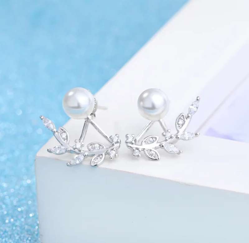 925 Silver Crystal Leaf Pearl Earrings