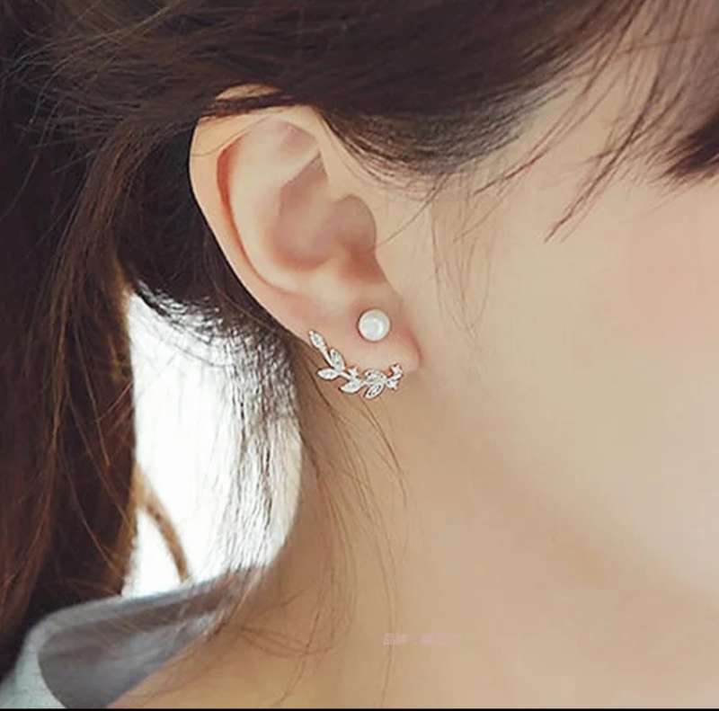 925 Silver Crystal Leaf Pearl Earrings