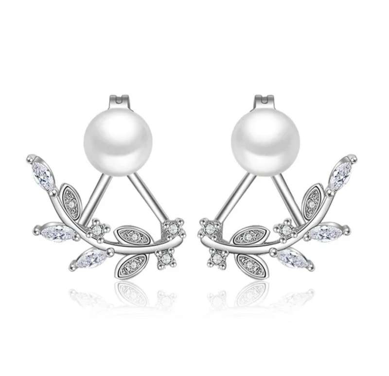 925 Silver Crystal Leaf Pearl Earrings