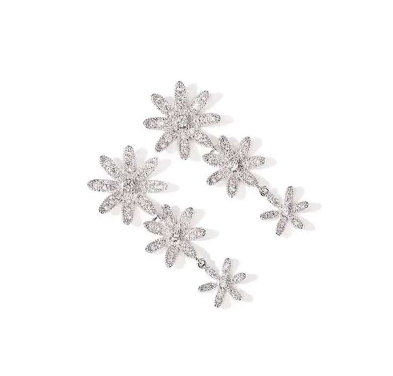 925 Silver Long CZ Flower Earrings