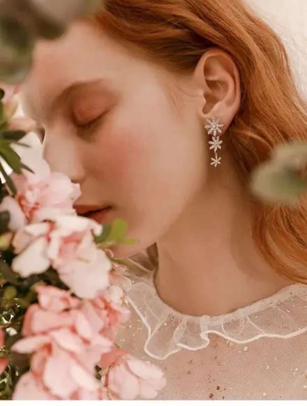 925 Silver Long CZ Flower Earrings