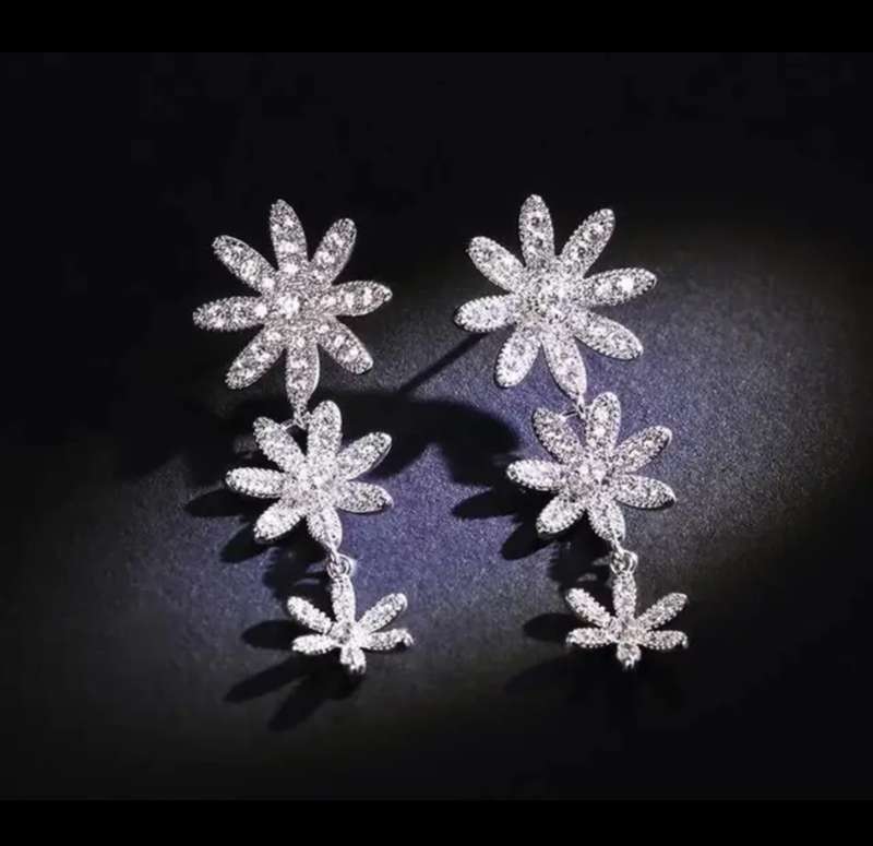 925 Silver Long CZ Flower Earrings