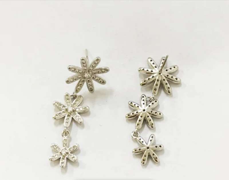 925 Silver Long CZ Flower Earrings