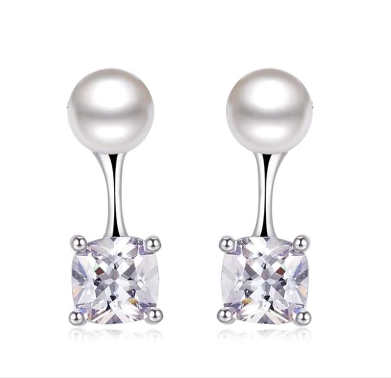 925 Silver Square CZ And Pearl Earrings