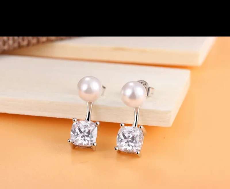 925 Silver Square CZ And Pearl Earrings