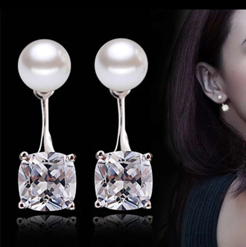925 Silver Square CZ And Pearl Earrings