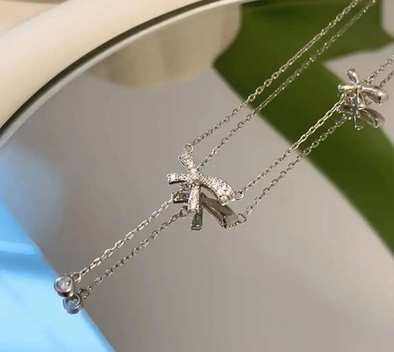 925 Silver CZ Bow Knot Tassel Necklace