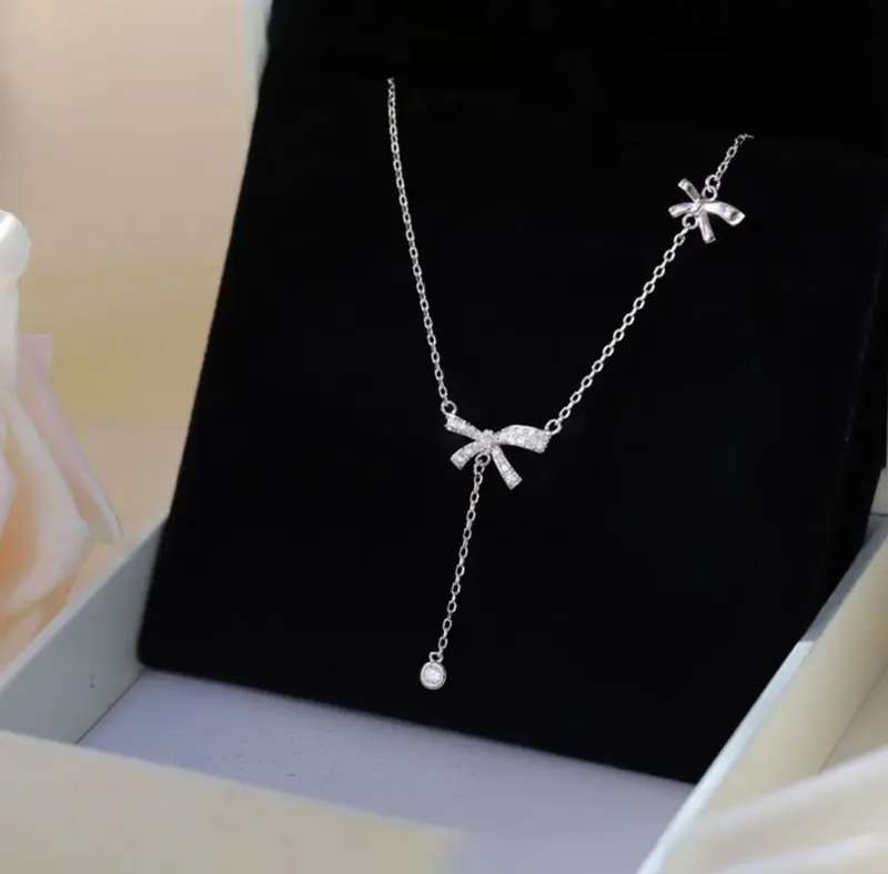 925 Silver CZ Bow Knot Tassel Necklace