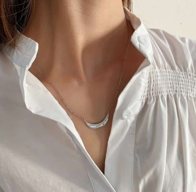 925 Solid Silver Half moon hammered Necklace.