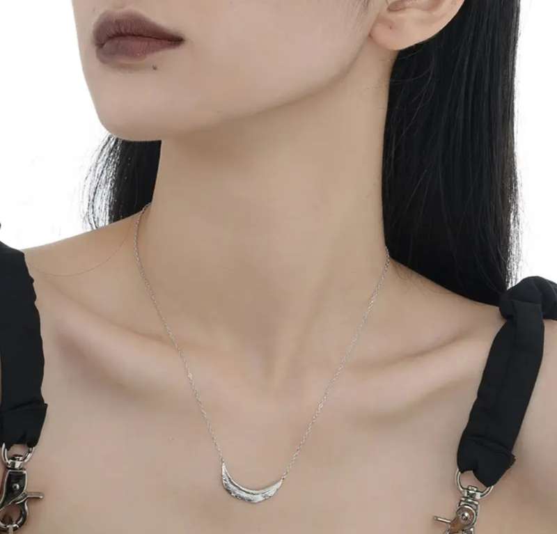 925 Solid Silver Half moon hammered Necklace.