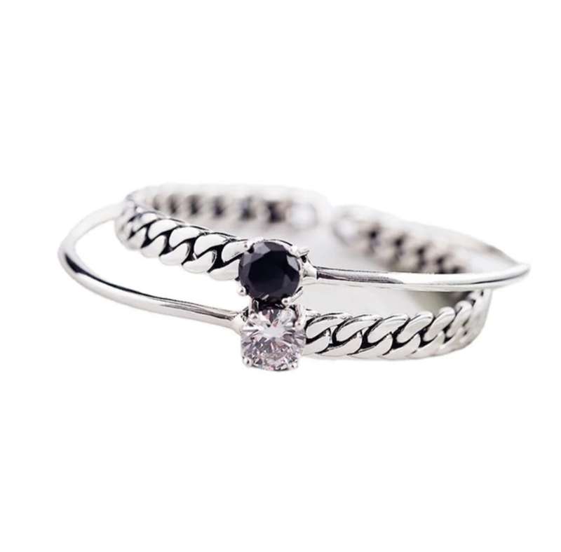 925 Silver Black and White Stone Open Cuff Bangles (set)