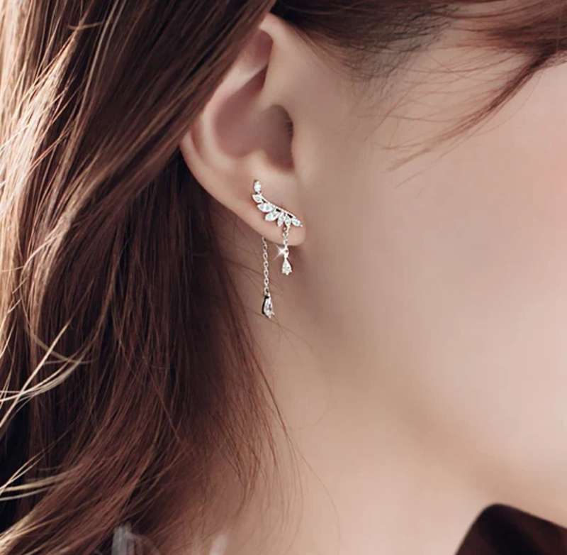 925 Silver Hanging Leaf CZ  Earrings