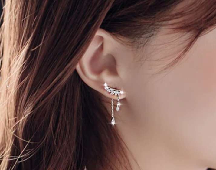925 Silver Hanging Leaf CZ  Earrings
