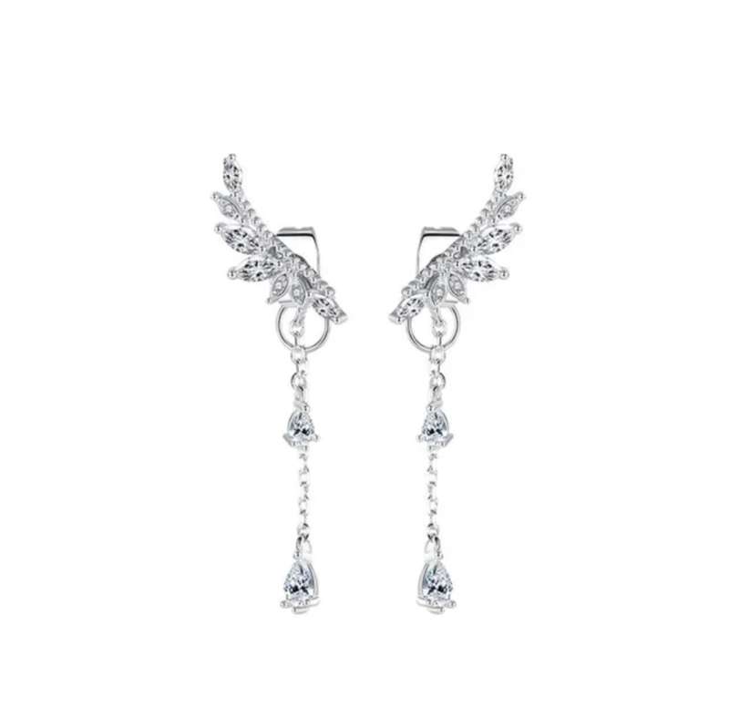 925 Silver Hanging Leaf CZ  Earrings