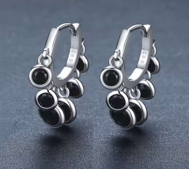 925 Silver Black Spinel Dangling Earrings