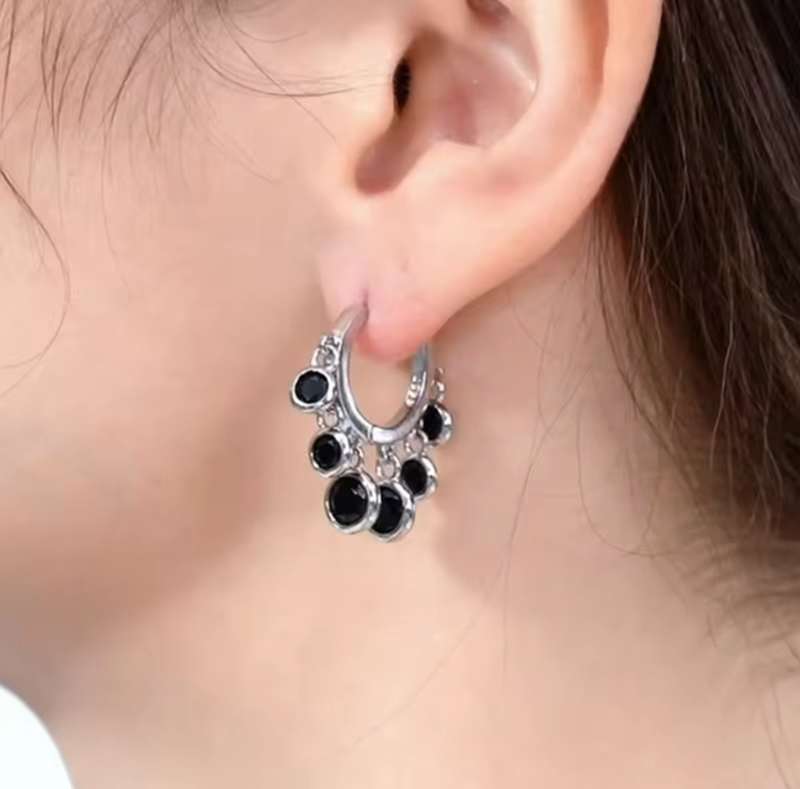 925 Silver Black Spinel Dangling Earrings
