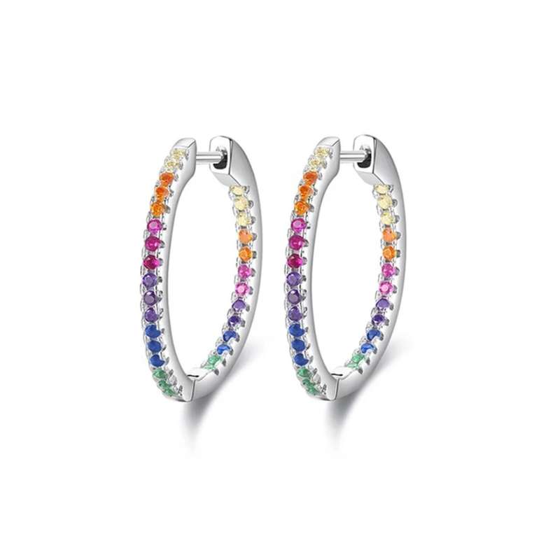Sterling Silver Rainbow Cubic Zirconia Hoop Earrings