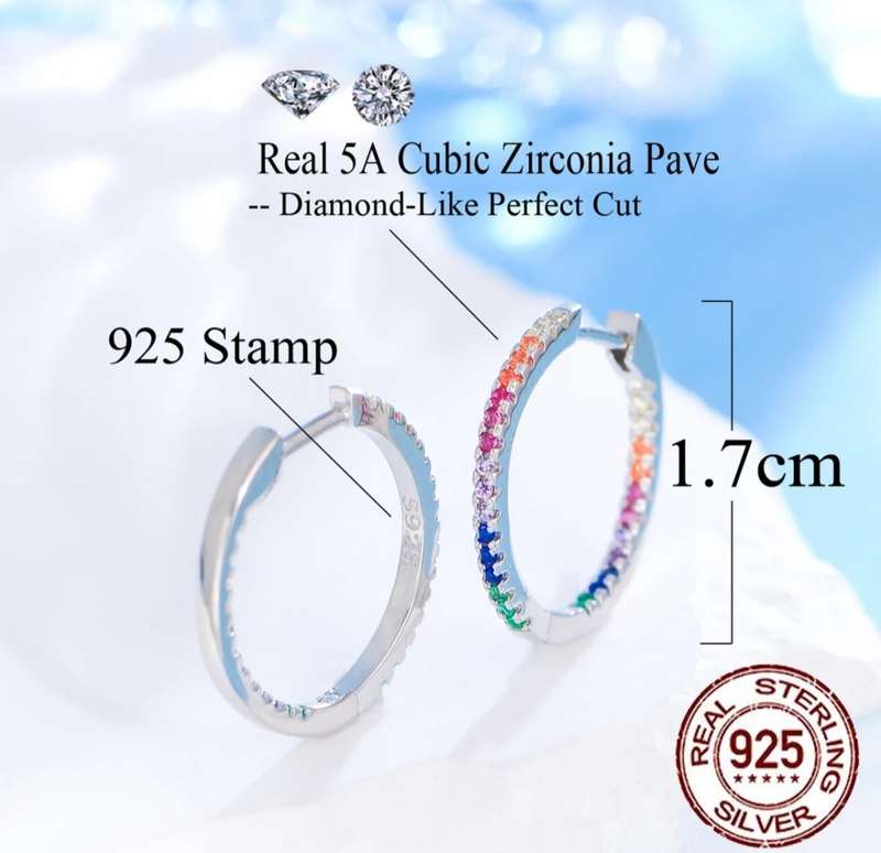 Sterling Silver Rainbow Cubic Zirconia Hoop Earrings