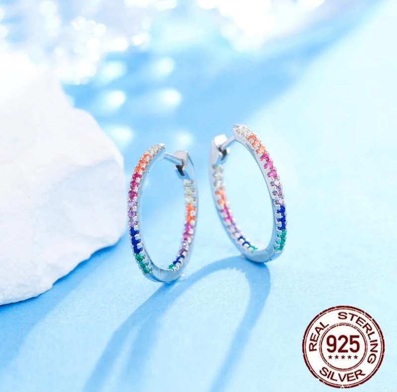 Sterling Silver Rainbow Cubic Zirconia Hoop Earrings