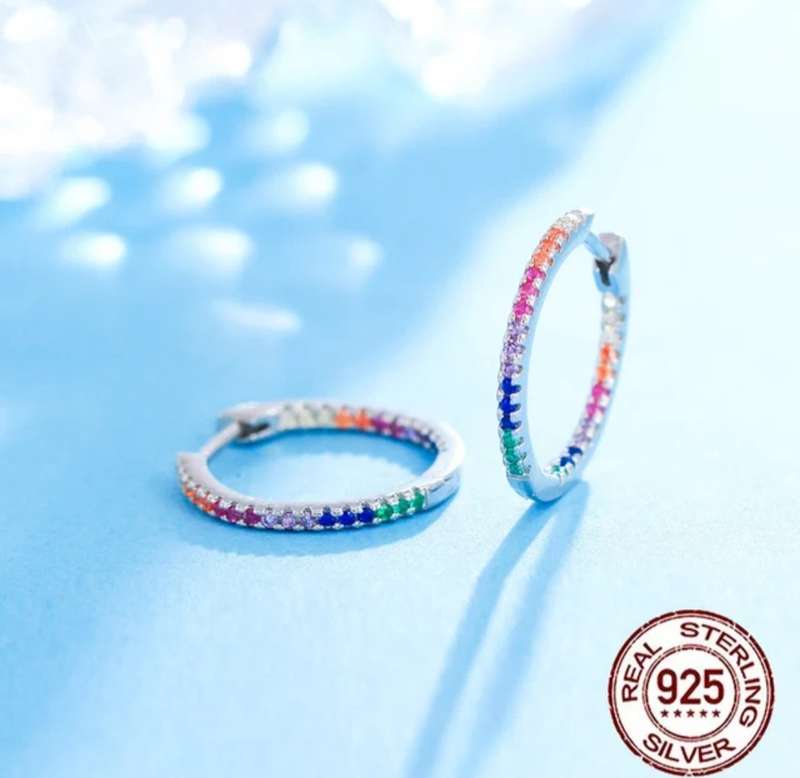 Sterling Silver Rainbow Cubic Zirconia Hoop Earrings