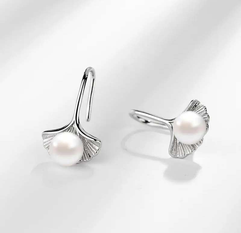 SPECIAL - 925 Silver Gingko Leaf Blowers Pearl Earrings