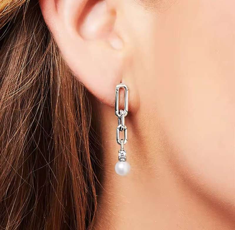 SPECIAL - 925 Sterling Silver Chain link Pearl Earrings