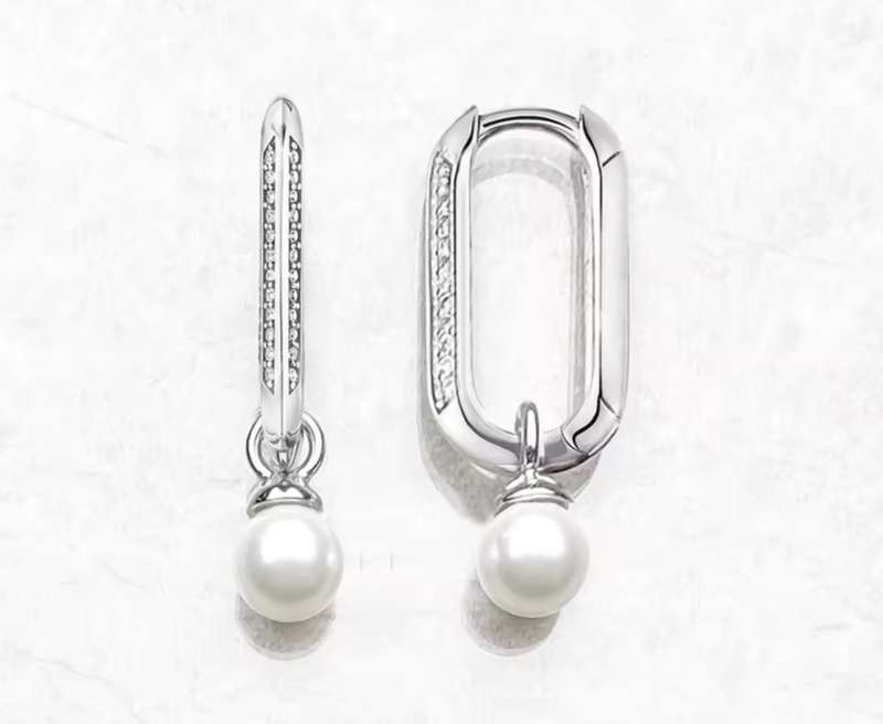 SPECIAL - 925 Sterling Silver Oblong Earrings with CZ  & Freshwater Pearl.