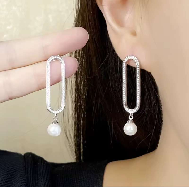 SPECIAL - 925 Sterling Silver Oblong CZ and Pearl Earrings.