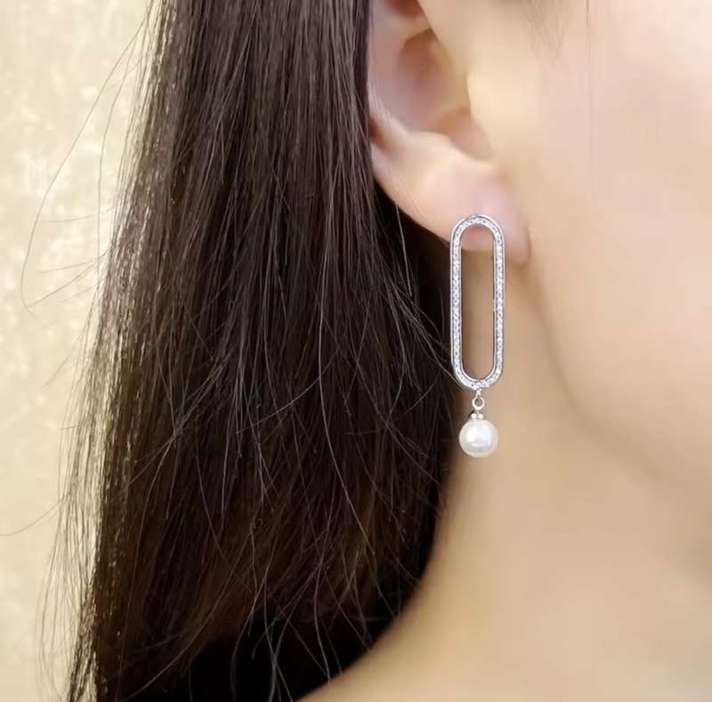 SPECIAL - 925 Sterling Silver Oblong CZ and Pearl Earrings.