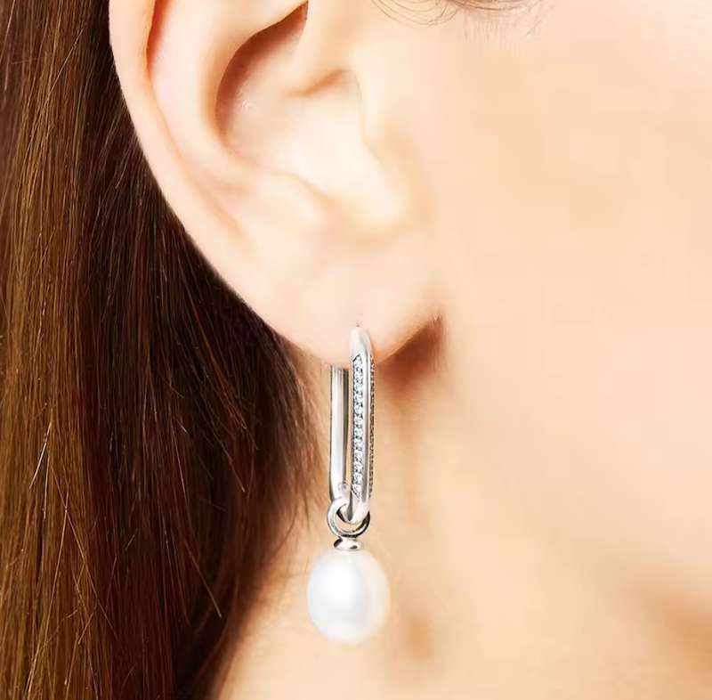 SPECIAL - 925 Sterling Silver Oblong Earrings with CZ  & Freshwater Pearl.