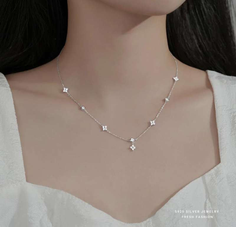 925 Silver Four Leaf Flower Necklace and Earrings