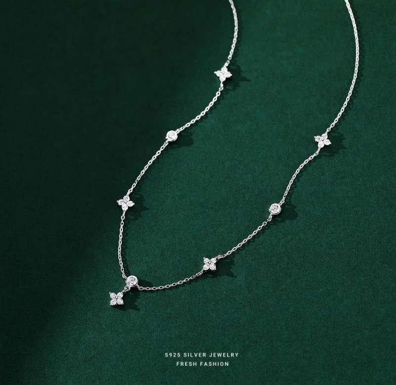 925 Silver Four Leaf Flower Necklace and Earrings