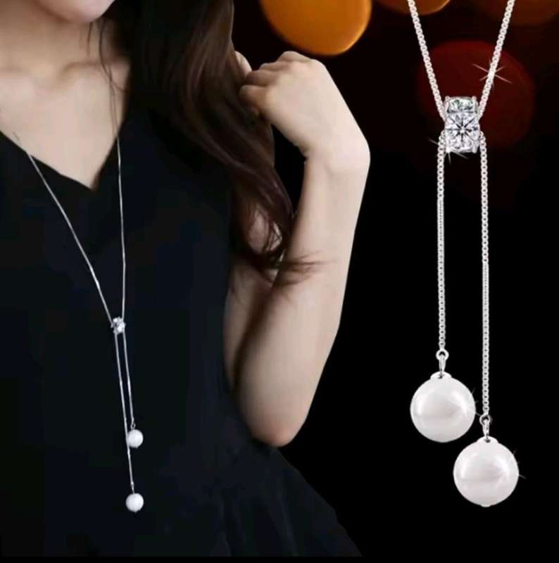 925 Silver Pearl and CZ Nugget Long Necklace