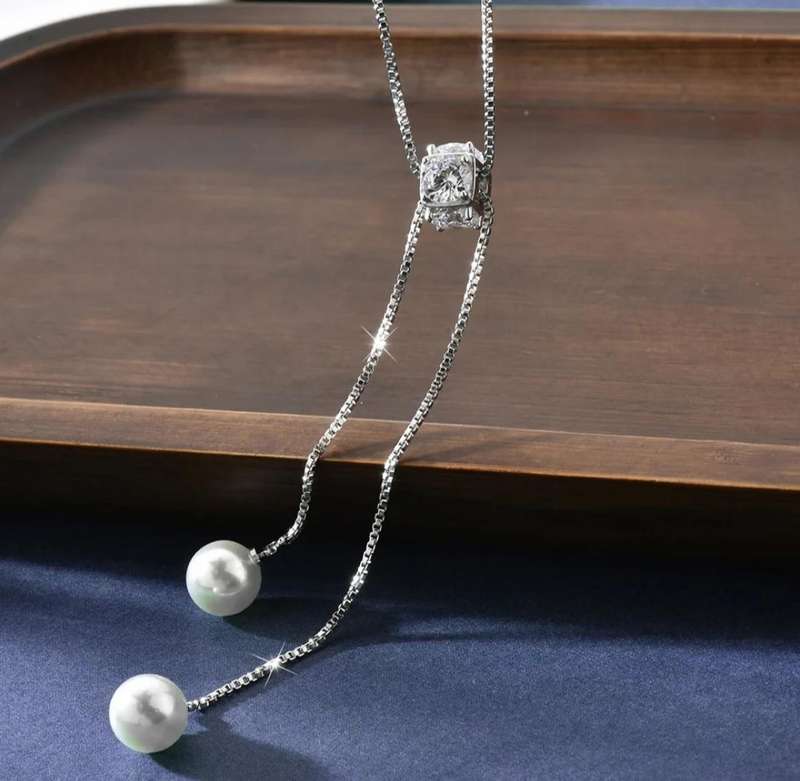 925 Silver Pearl and CZ Nugget Long Necklace