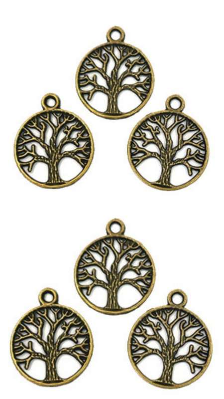 6 × Vintage Metal Brass Tree of Life Pendants