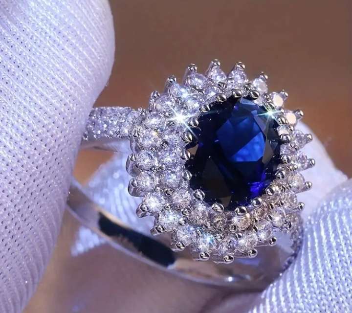 White Gold Plated Ring with Simulated Sapphire and Diamonds | Size 8