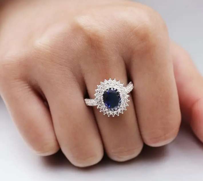 White Gold Plated Ring with Simulated Sapphire and Diamonds | Size 8