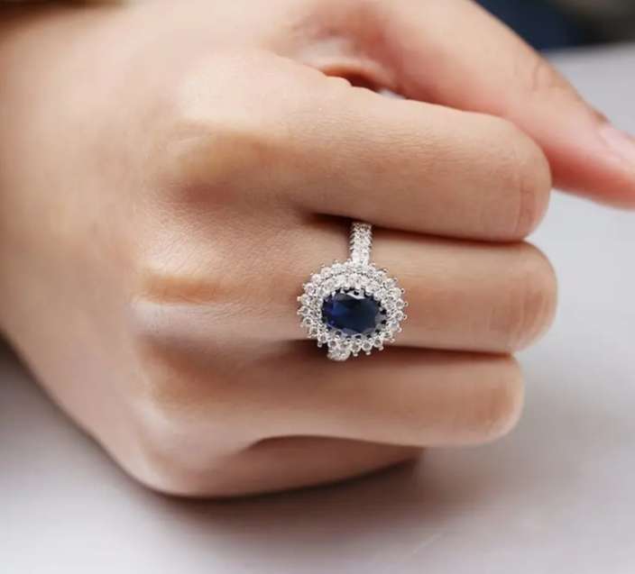White Gold Plated Ring with Simulated Sapphire and Diamonds | Size 8