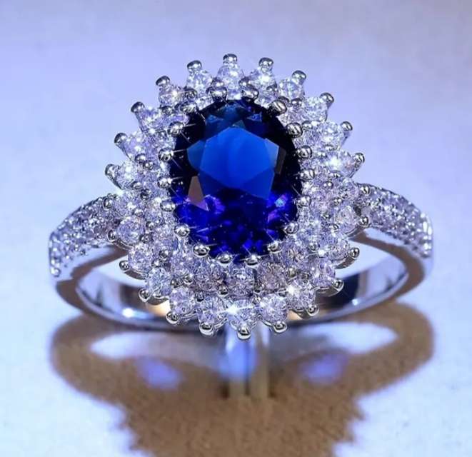 White Gold Plated Ring with Simulated Sapphire and Diamonds | Size 8