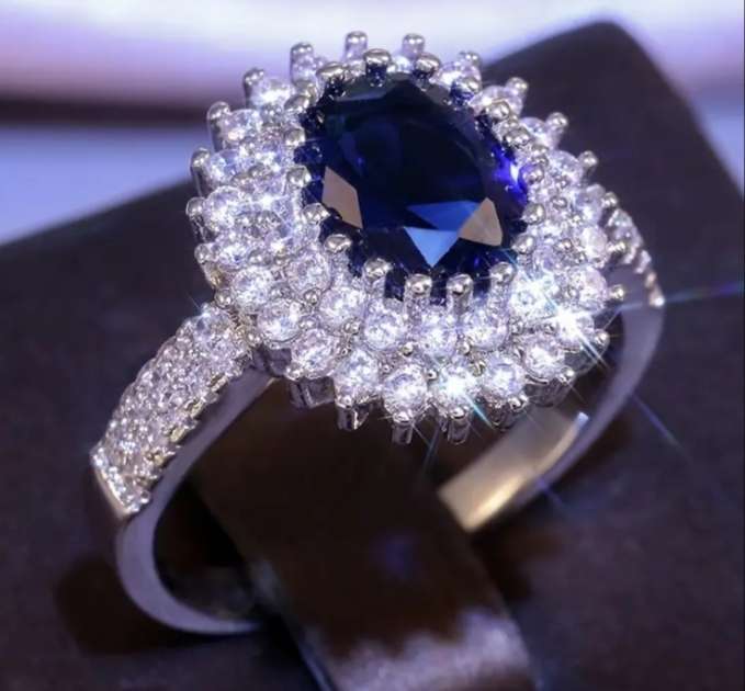 White Gold Plated Ring with Simulated Sapphire and Diamonds | Size 8